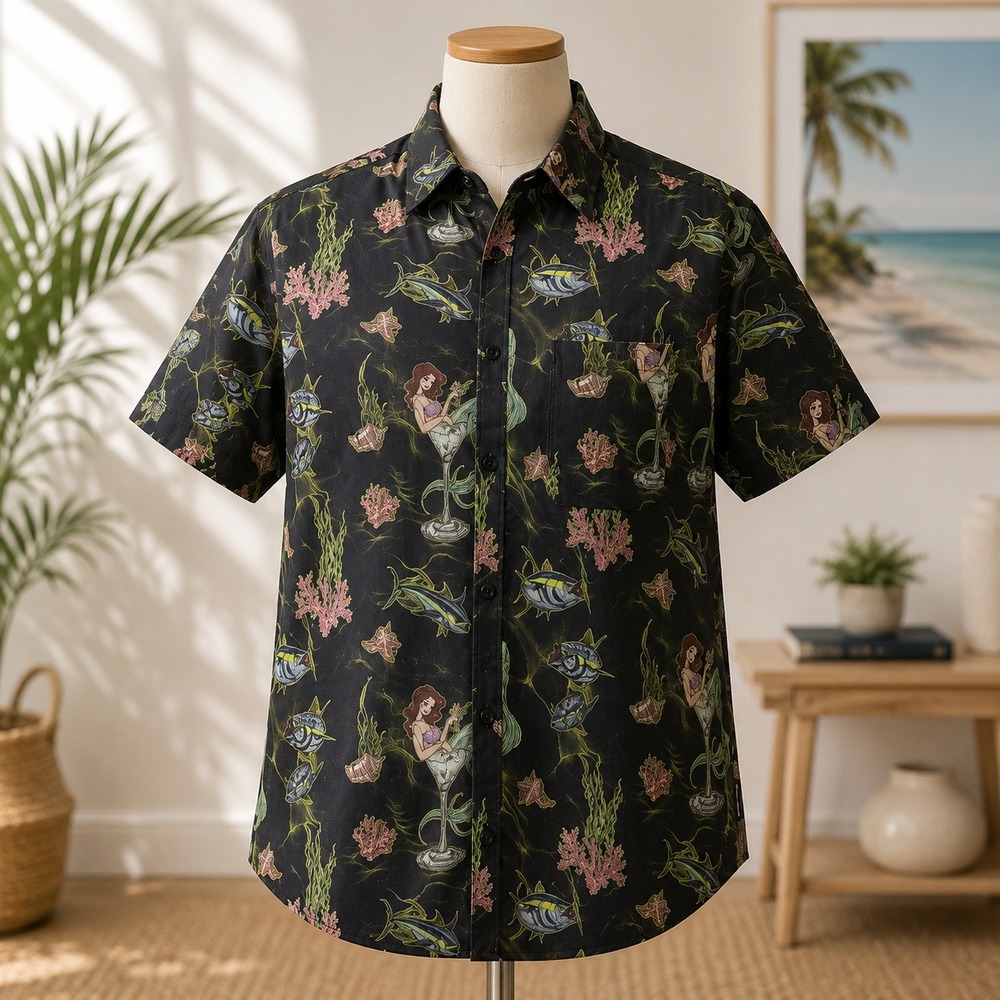 Psycho Tuna Mermaid Mixer Shirt Mens Medium Green Short Sleeve Button Up